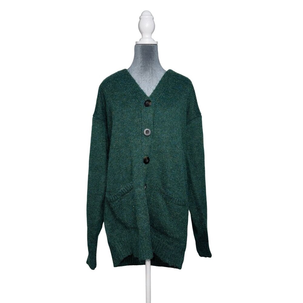 ANA New Approach Cardigan Women ST Green V-Neck Button Knit Long Sleeve Pockets